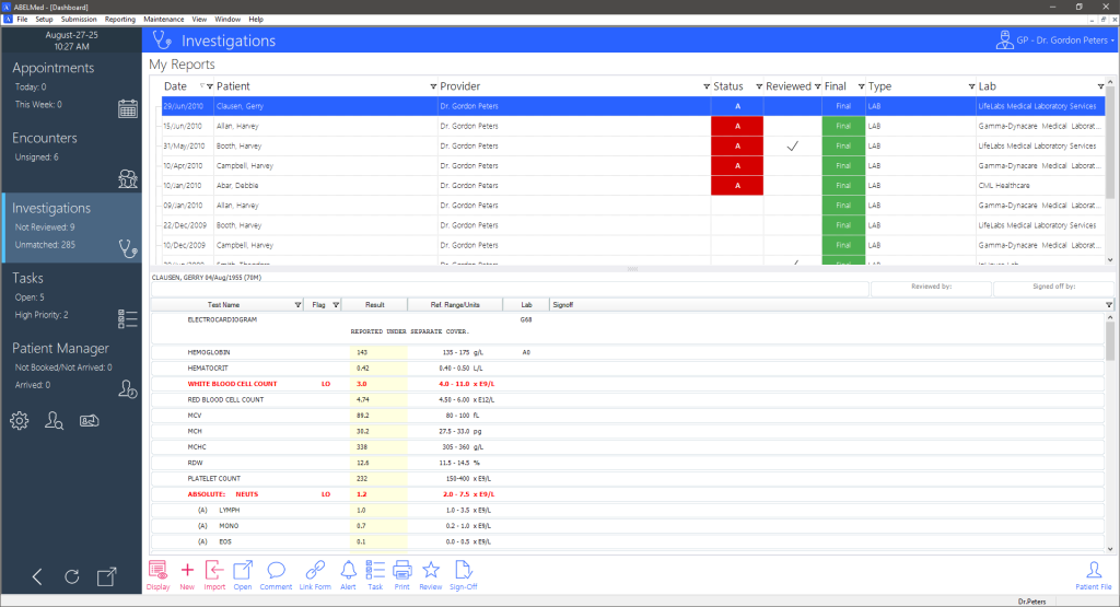 A screenshot of the Investigations Dashboard in ABELMed software.