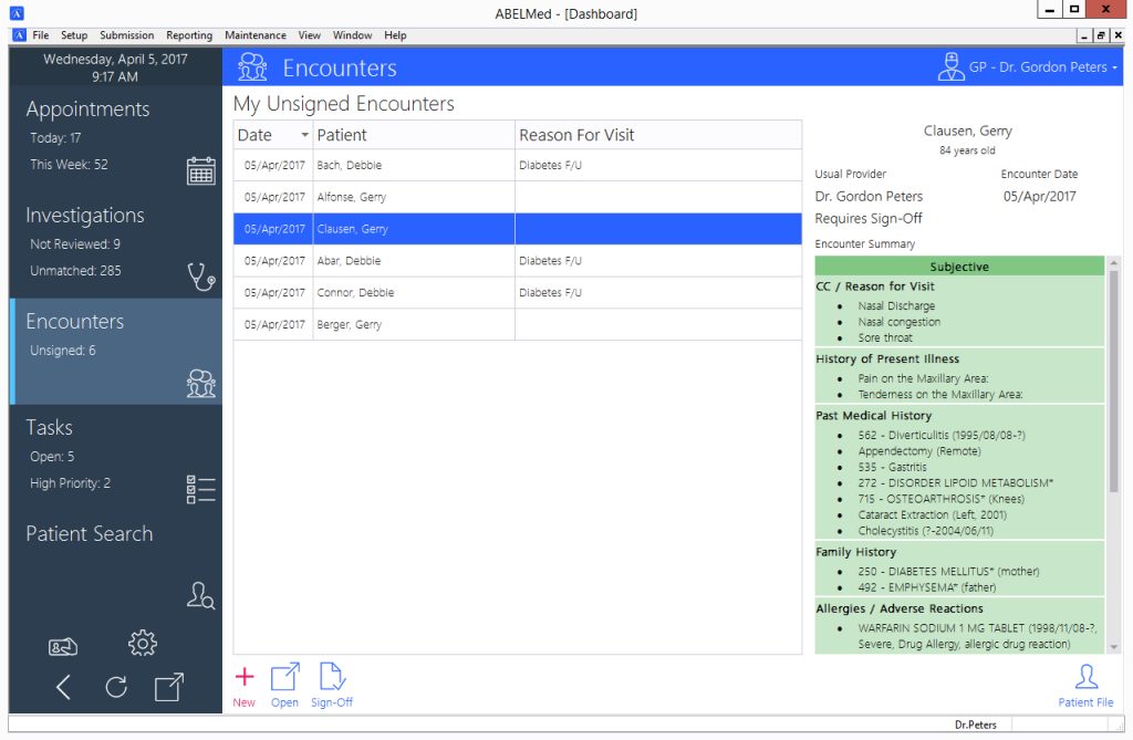 A screenshot of the Encounters screen in ABELMed software.