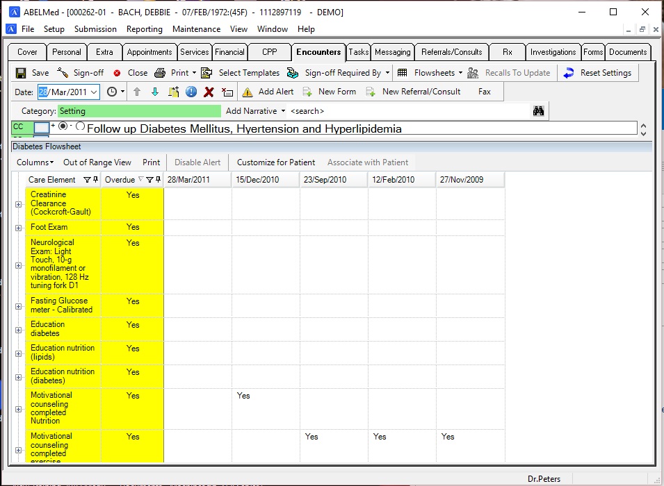 A screenshot of a customizable flow sheet in ABELMed for helping to track chronic diseases.