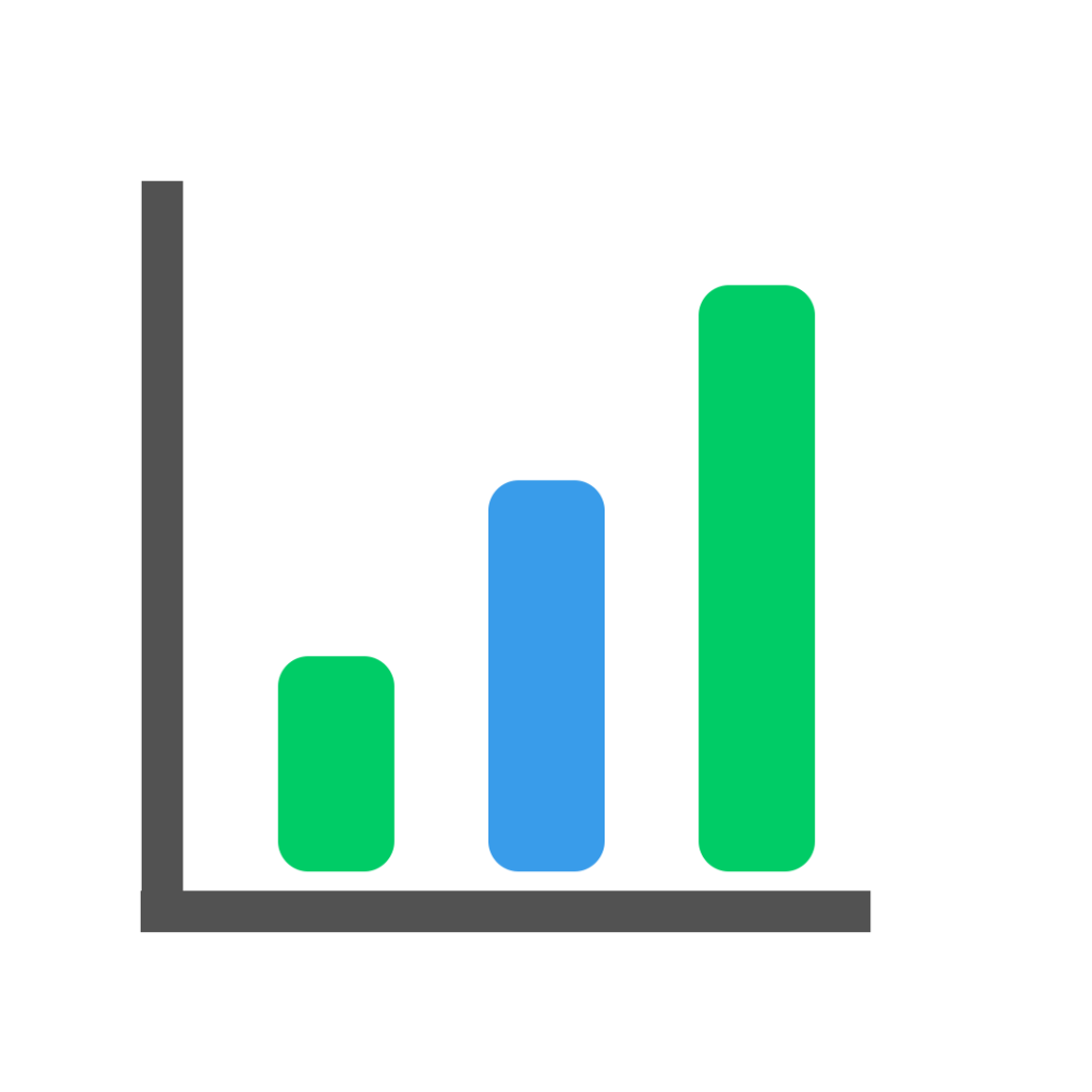 Icon of a bar graph with 3 bars, the shortest and tallest are green and the middle bar is blue.