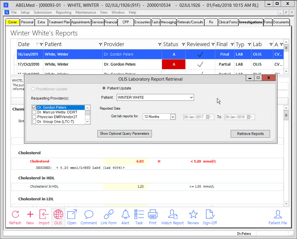 A screenshot of ABELMed's OLIS integration