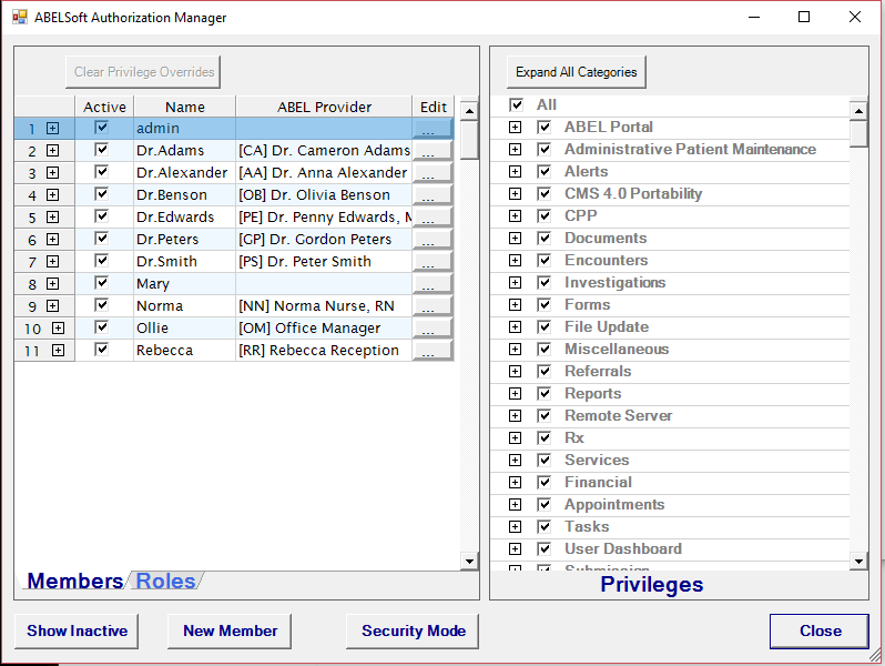 A screenshot of ABELMed's Authorization Manager displaying all members of staff.