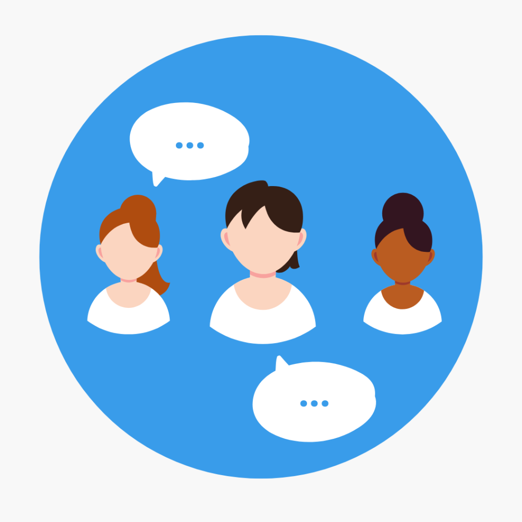 Icon of support person speaking to two other people, all inside of a blue circle. The image represents a group speaking in-person.