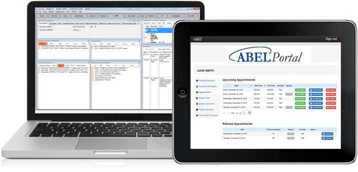 An image of ABELMed EMR open on a laptop and ABELMed Portal open on a tablet.